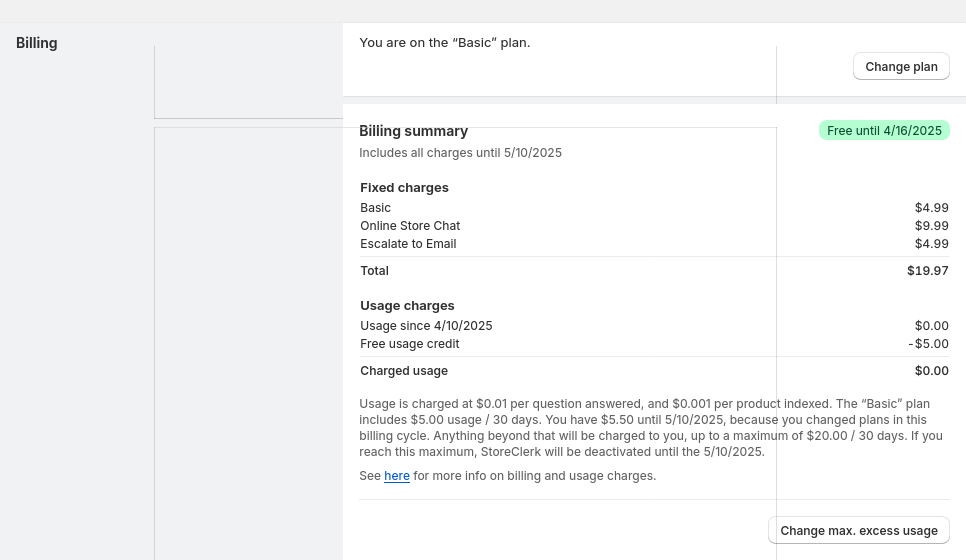 StoreClerk billing overview showing plan details